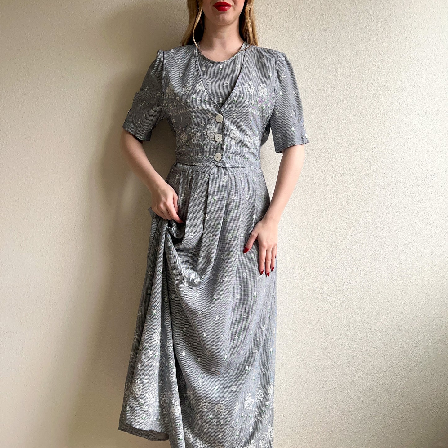 1990s Houndstooth Midi Dress With Faux Vest (L)