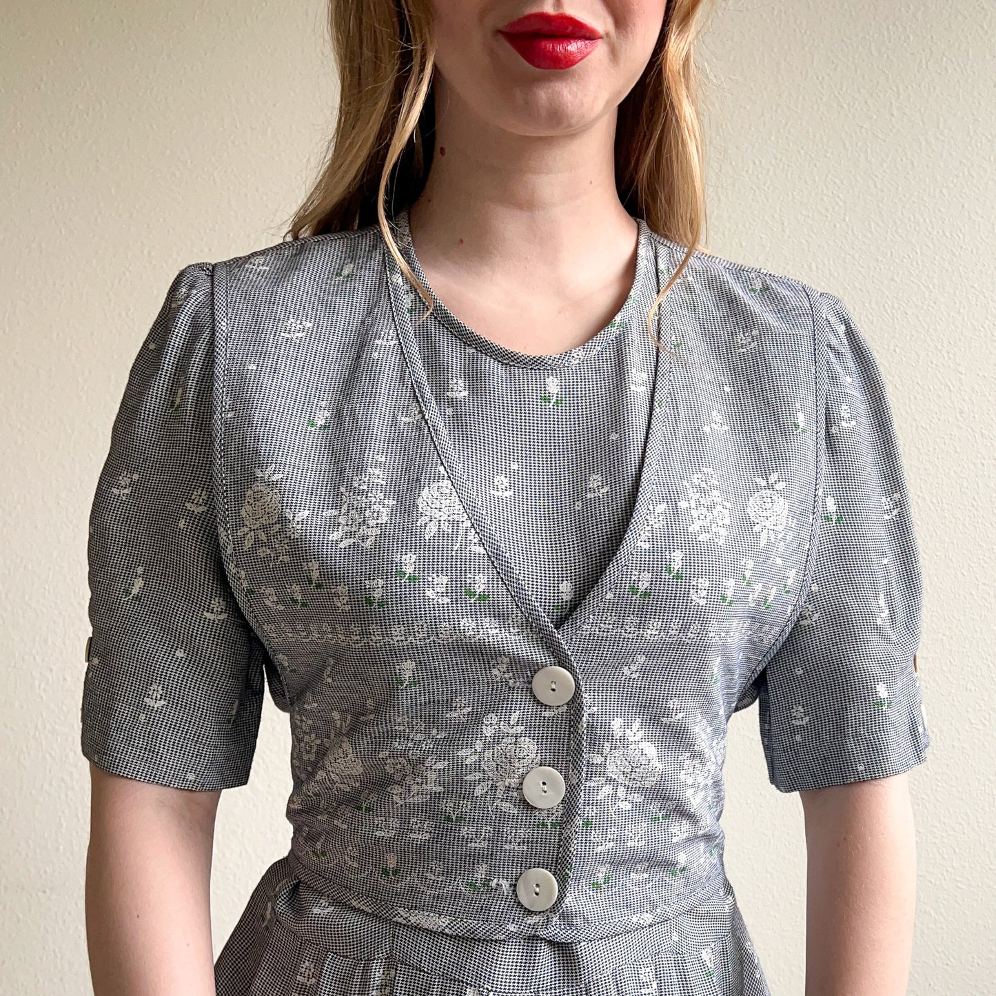 1990s Houndstooth Midi Dress With Faux Vest (L)