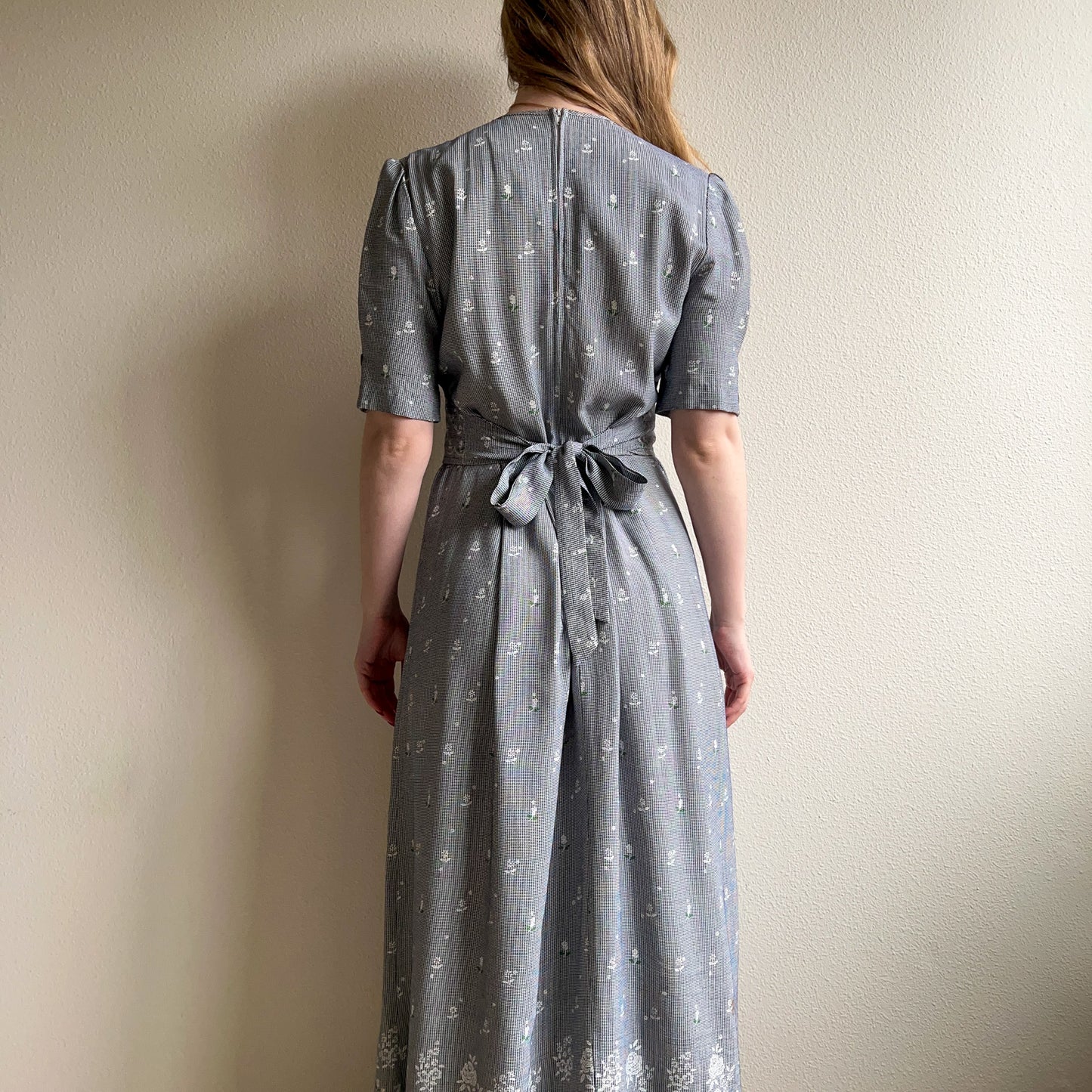 1990s Houndstooth Midi Dress With Faux Vest (L)