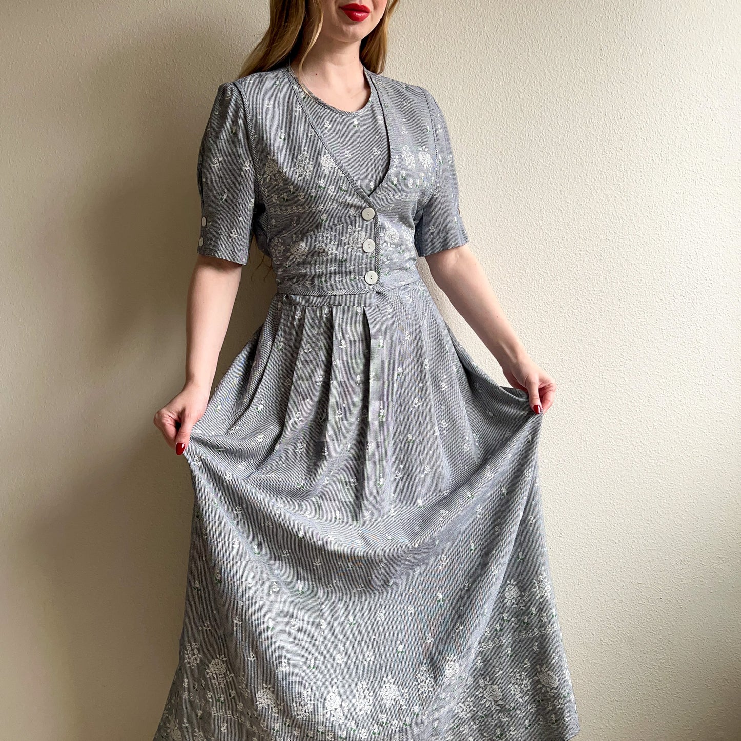 1990s Houndstooth Midi Dress With Faux Vest (L)