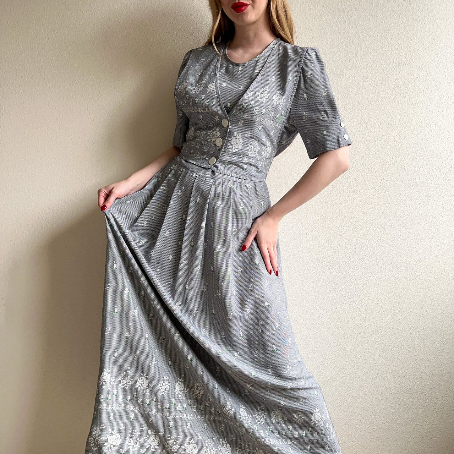 1990s Houndstooth Midi Dress With Faux Vest (L)