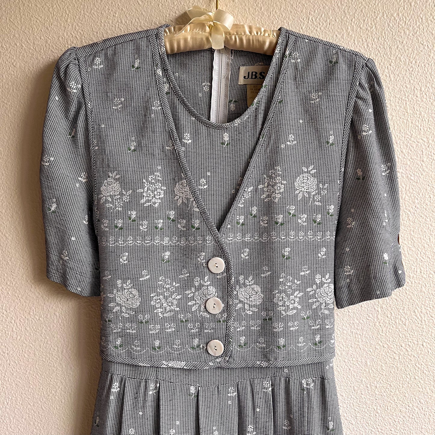 1990s Houndstooth Midi Dress With Faux Vest (L)