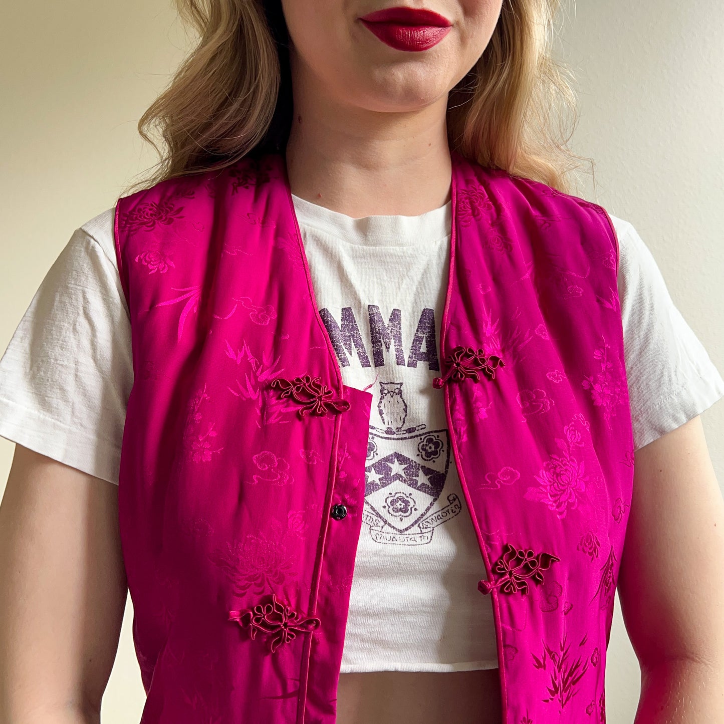 1990s Magenta Silk Jacquard Puffer Vest (S/M)