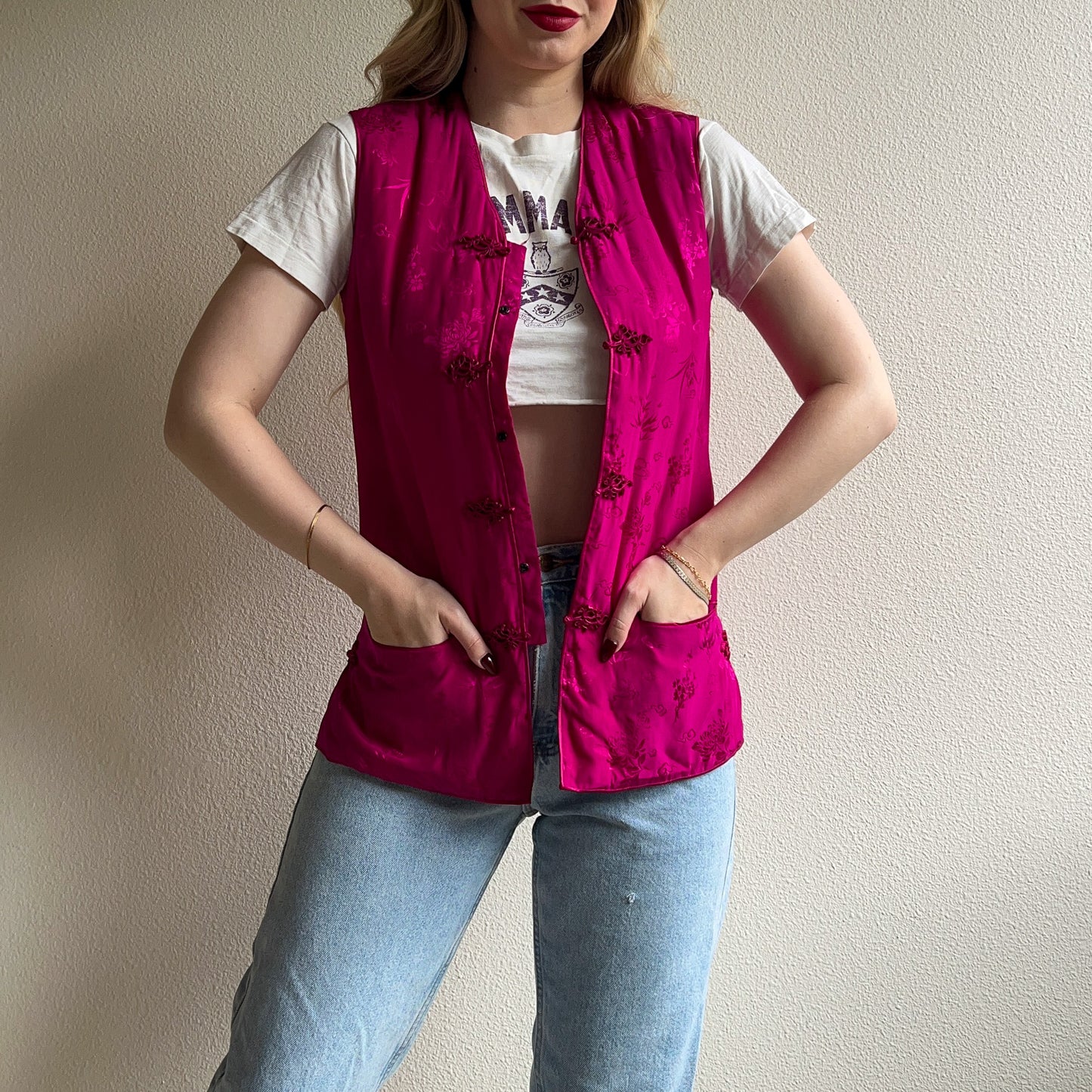 1990s Magenta Silk Jacquard Puffer Vest (S/M)