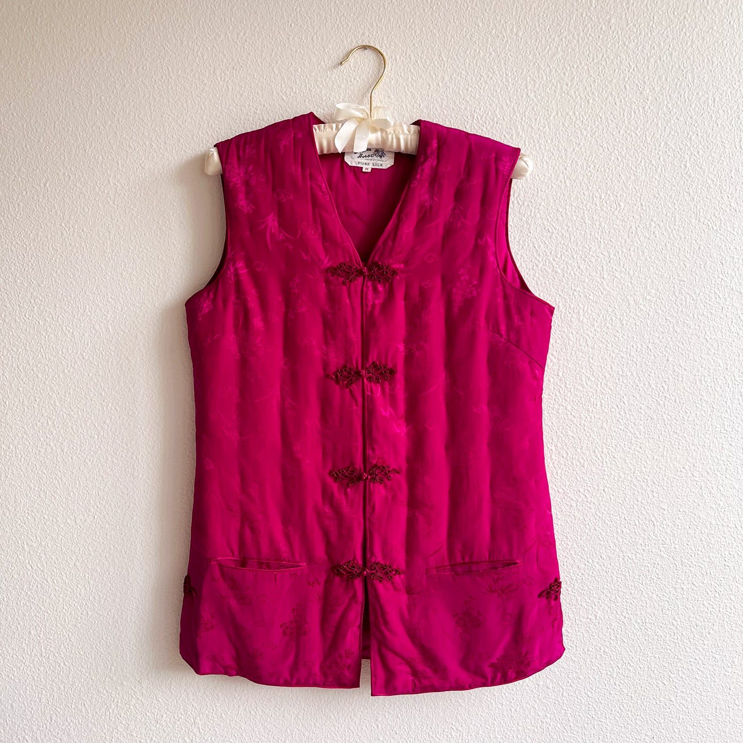 1990s Magenta Silk Jacquard Puffer Vest (S/M)