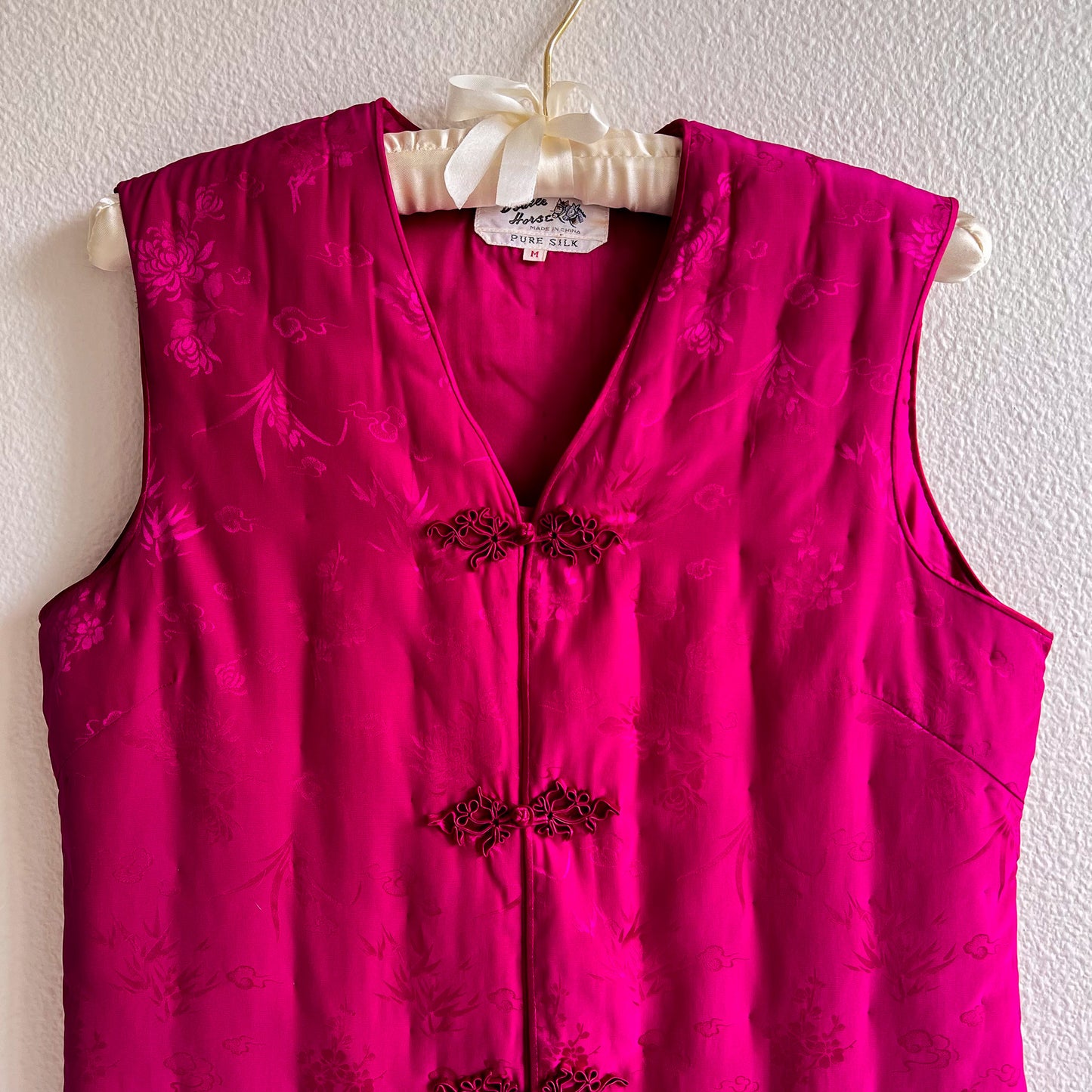 1990s Magenta Silk Jacquard Puffer Vest (S/M)