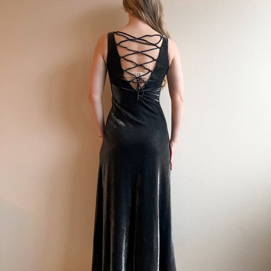 1990s Metallic Silver Dress With Lace Up Back (S)
