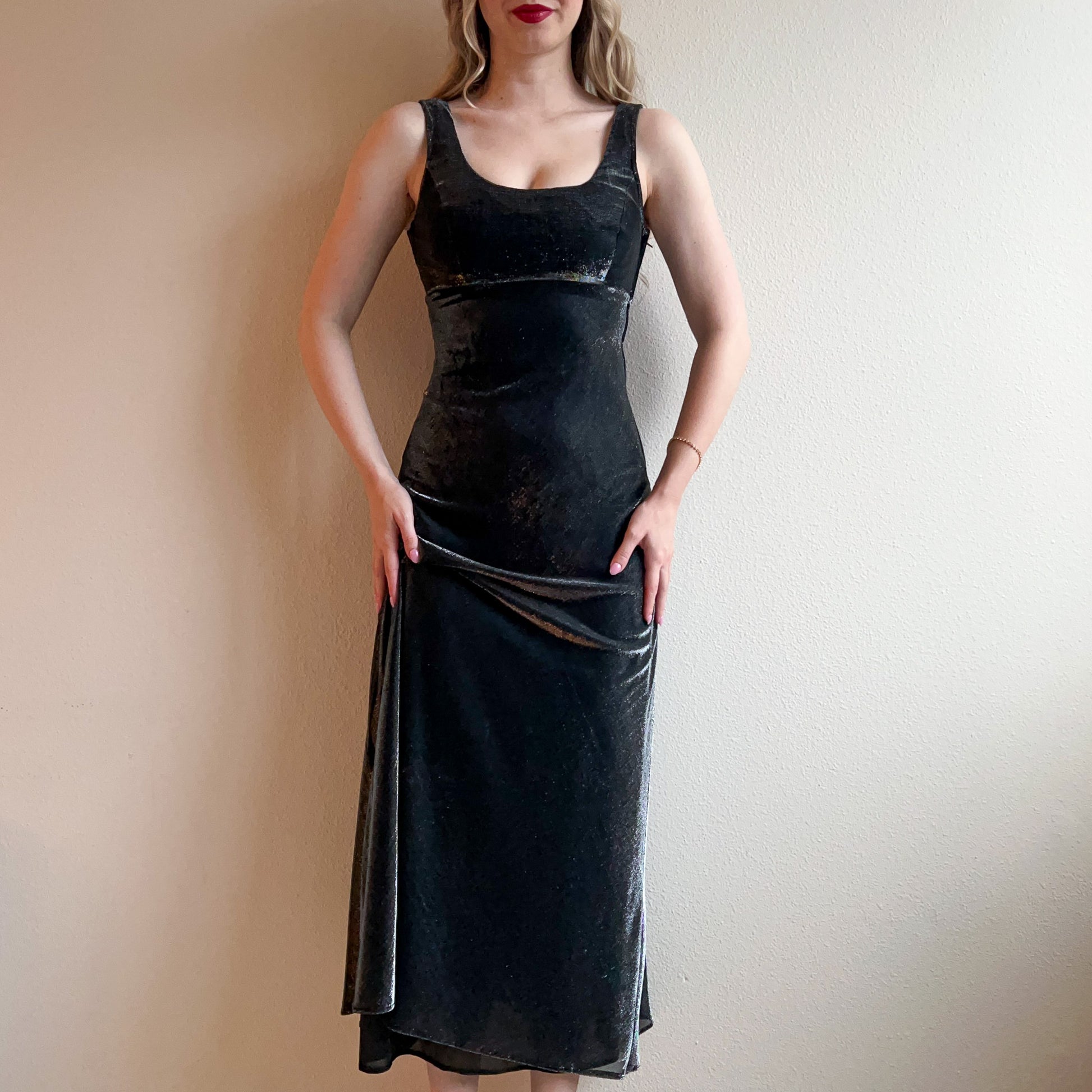 90s metallic dress 90s/Y2k Silver/gold metallic silk empire waist dress