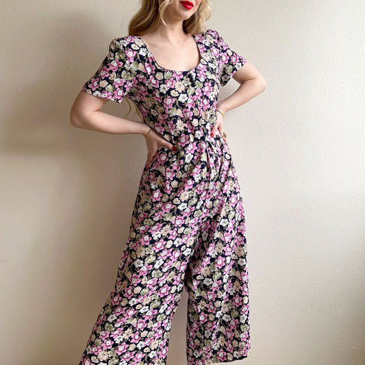 1990s Navy and Pink Floral Print Jumpsuit (L/XL)