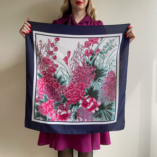 1990s Pink Floral Print Scarf With Navy Border