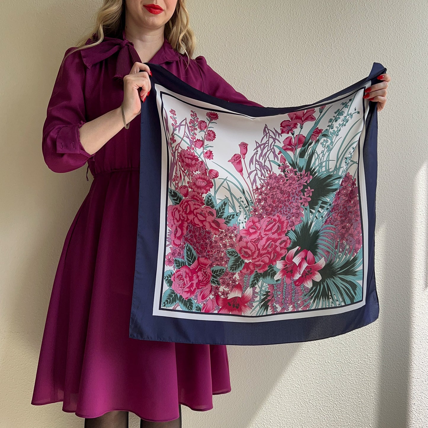 1990s Pink Floral Print Scarf With Navy Border