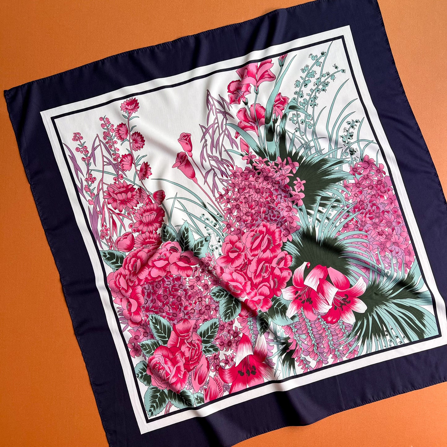 1990s Pink Floral Print Scarf With Navy Border