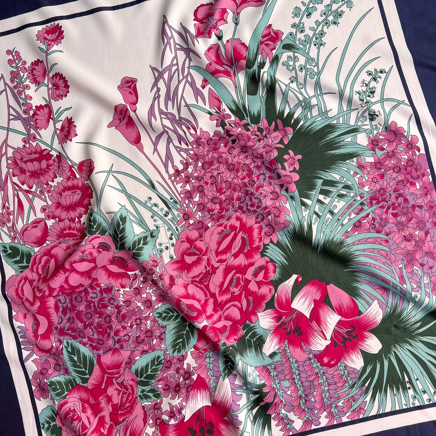 1990s Pink Floral Print Scarf With Navy Border