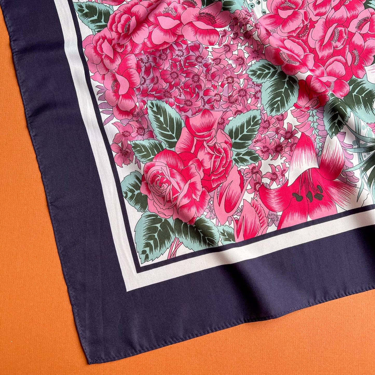1990s Pink Floral Print Scarf With Navy Border