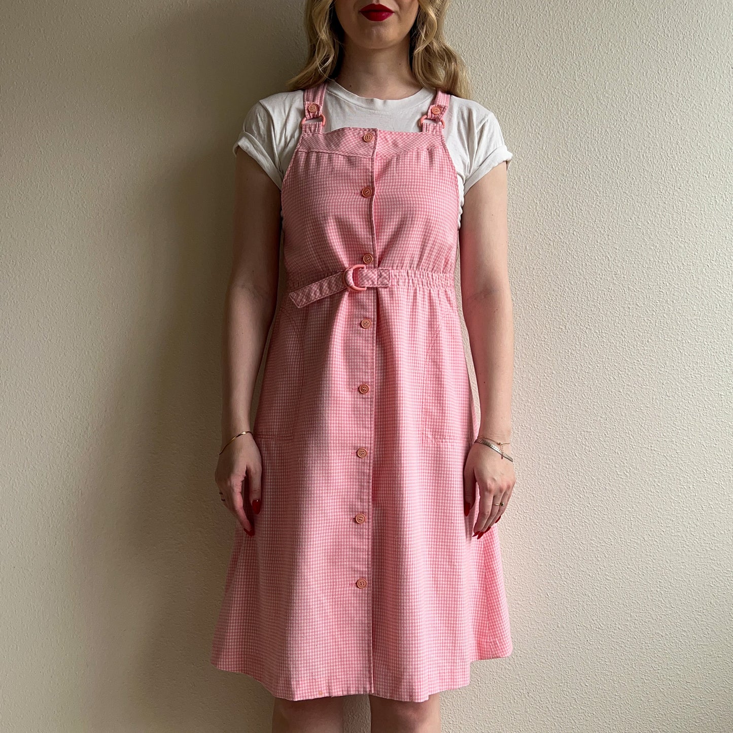 Adorable 1990s Pink Gingham Overall Dress (XS/S)