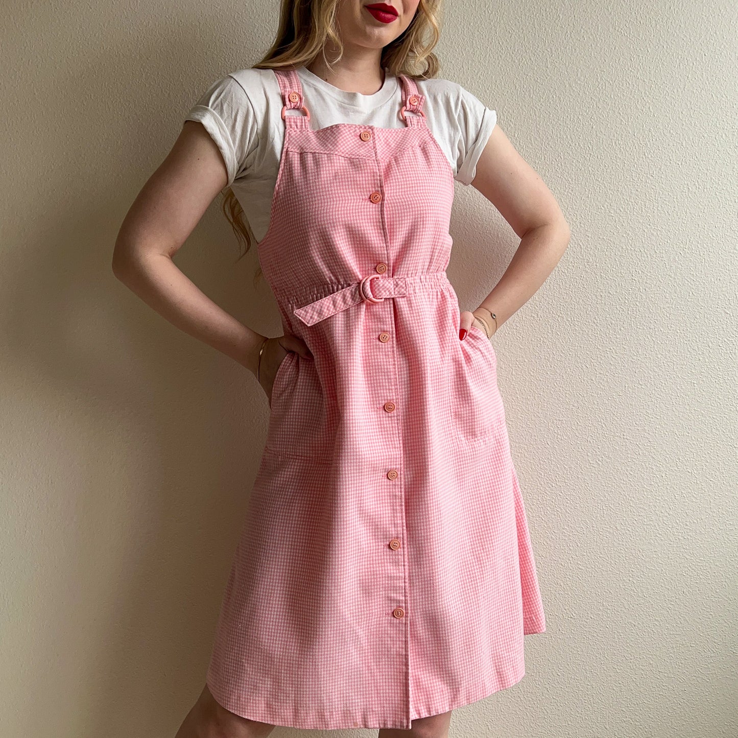 Adorable 1990s Pink Gingham Overall Dress (XS/S)