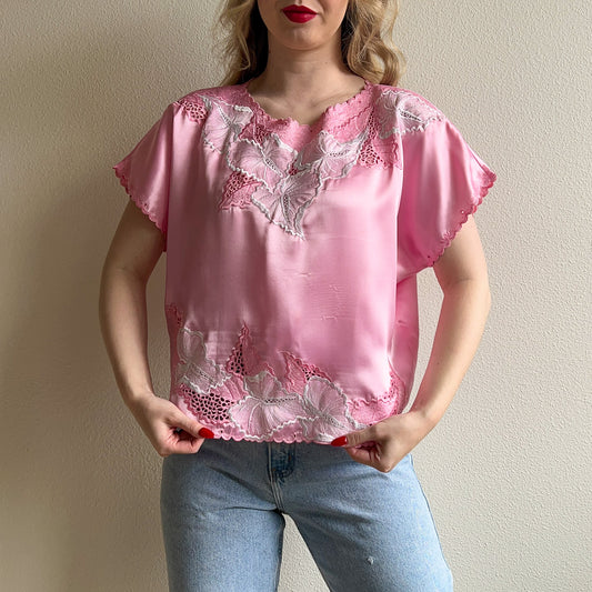 1990s Pink Silky Blouse With Embroidery (M/L)