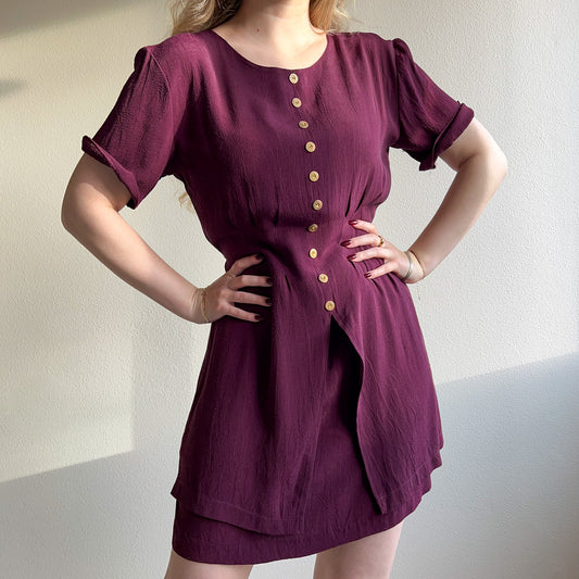 1990s Deep Purple Buttoned Dress With Short Sleeves (M/L)