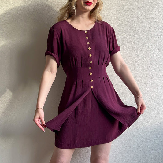 1990s Deep Purple Buttoned Dress With Short Sleeves (M/L)