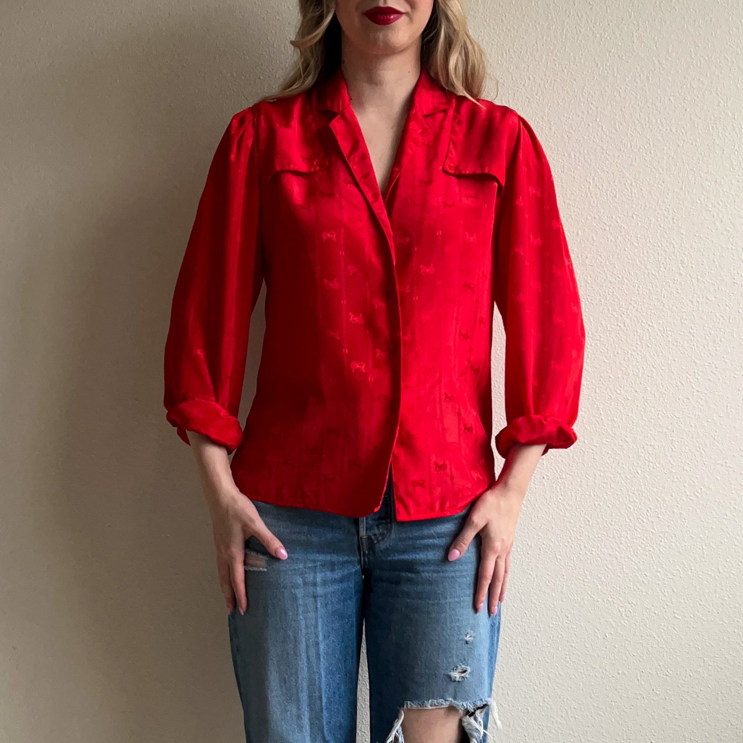 1990s Red Button Down With Horse Pattern (S/M)