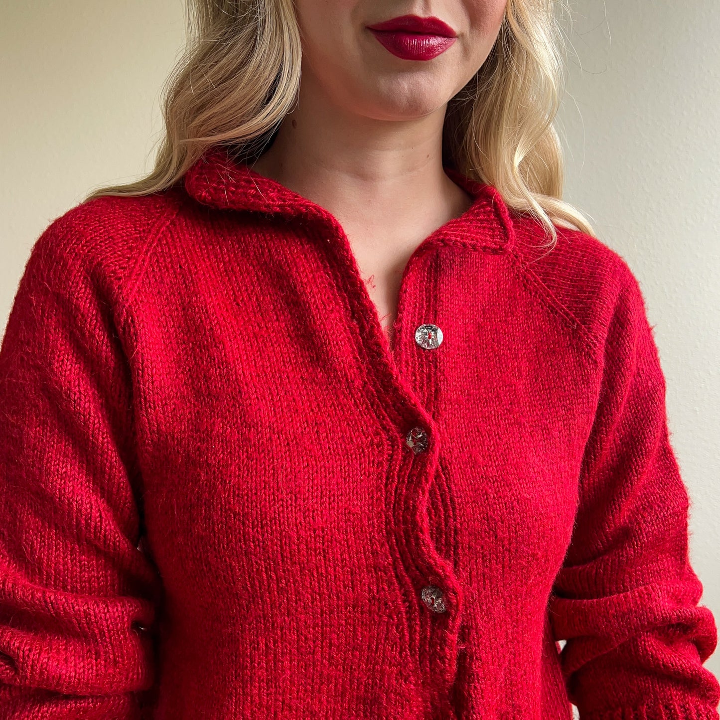 Cozy 1990s Red Cardigan With Rhinestone Buttons (M/L)