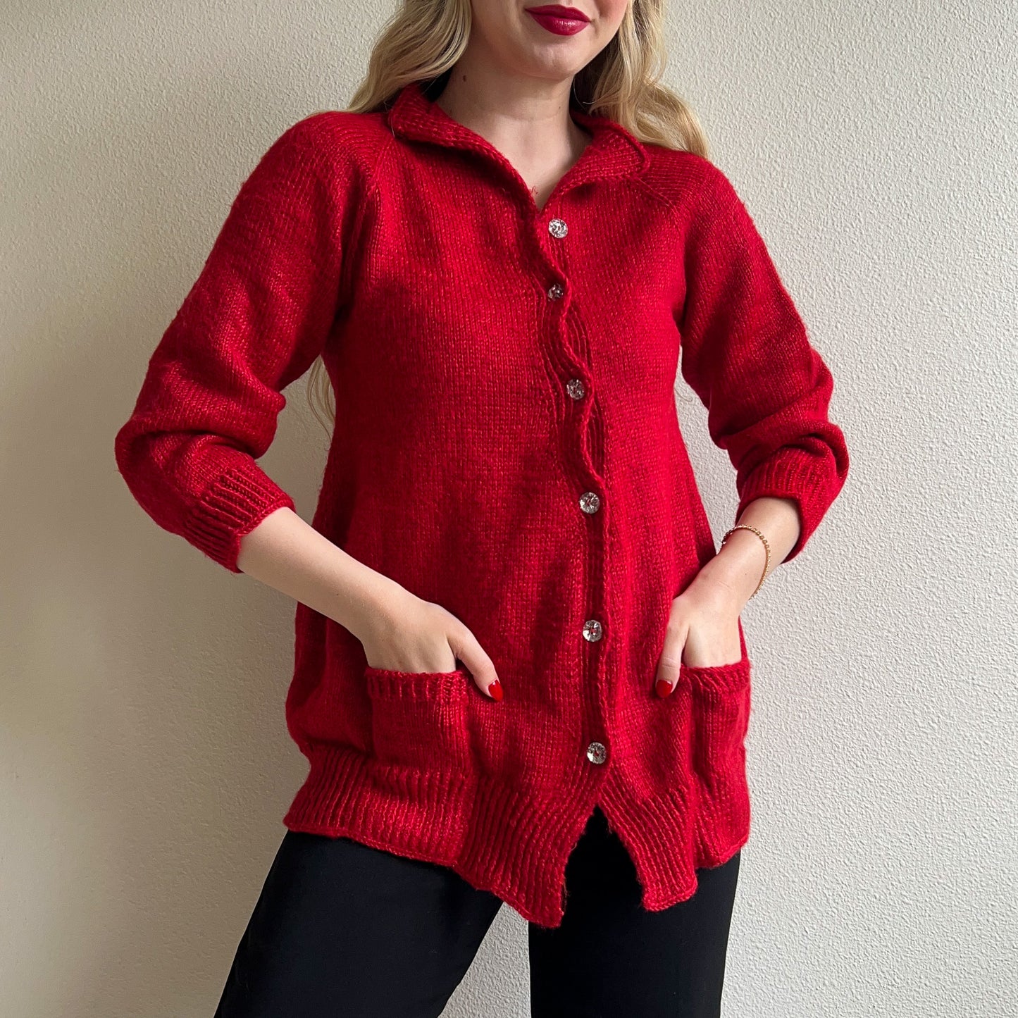 Cozy 1990s Red Cardigan With Rhinestone Buttons (M/L)