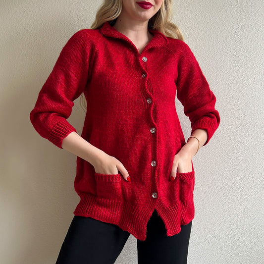 Cozy 1990s Red Cardigan With Rhinestone Buttons (M/L)