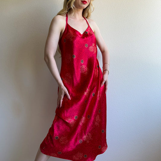 1990s Red Hot Satin Slip Dress (L/XL)
