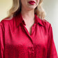 1990s Red Satin Blouse With Tiny Rosebud Print (L/XL)