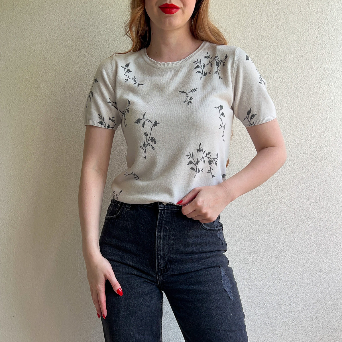 1990s White Short Sleeve Sweater With Gray Florals (S)