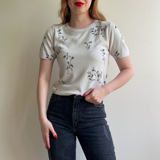1990s White Short Sleeve Sweater With Gray Florals (S)