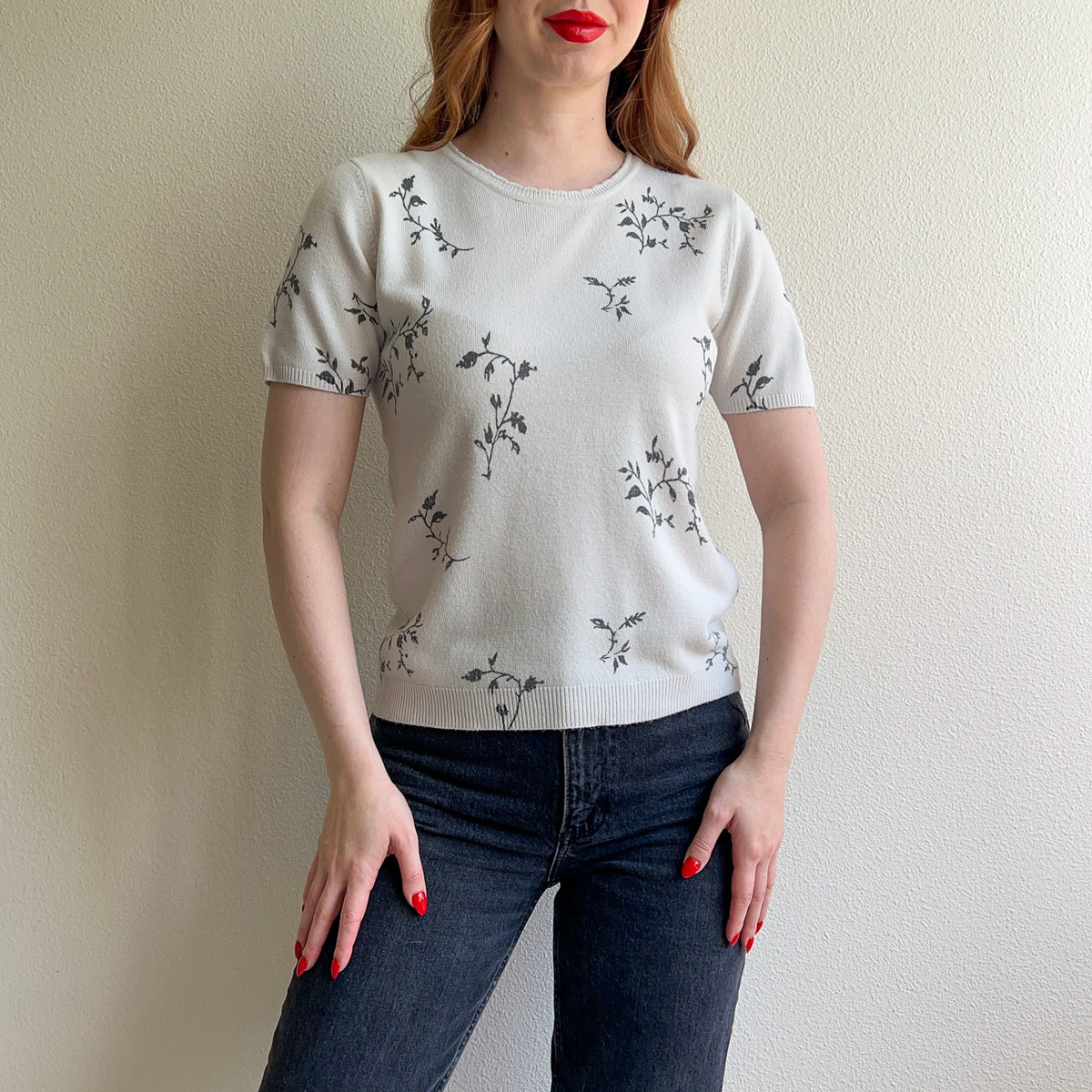 1990s White Short Sleeve Sweater With Gray Florals (S)