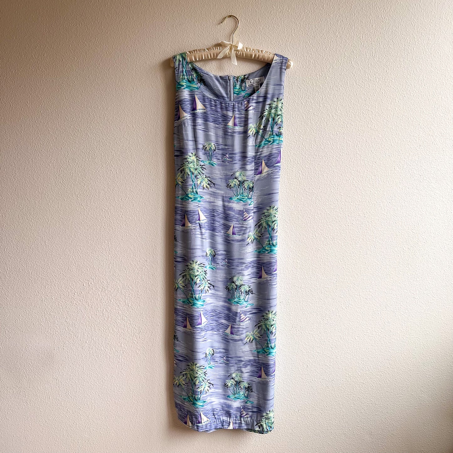 1990s Tropical Sailboat Print Midi Dress (M/L)