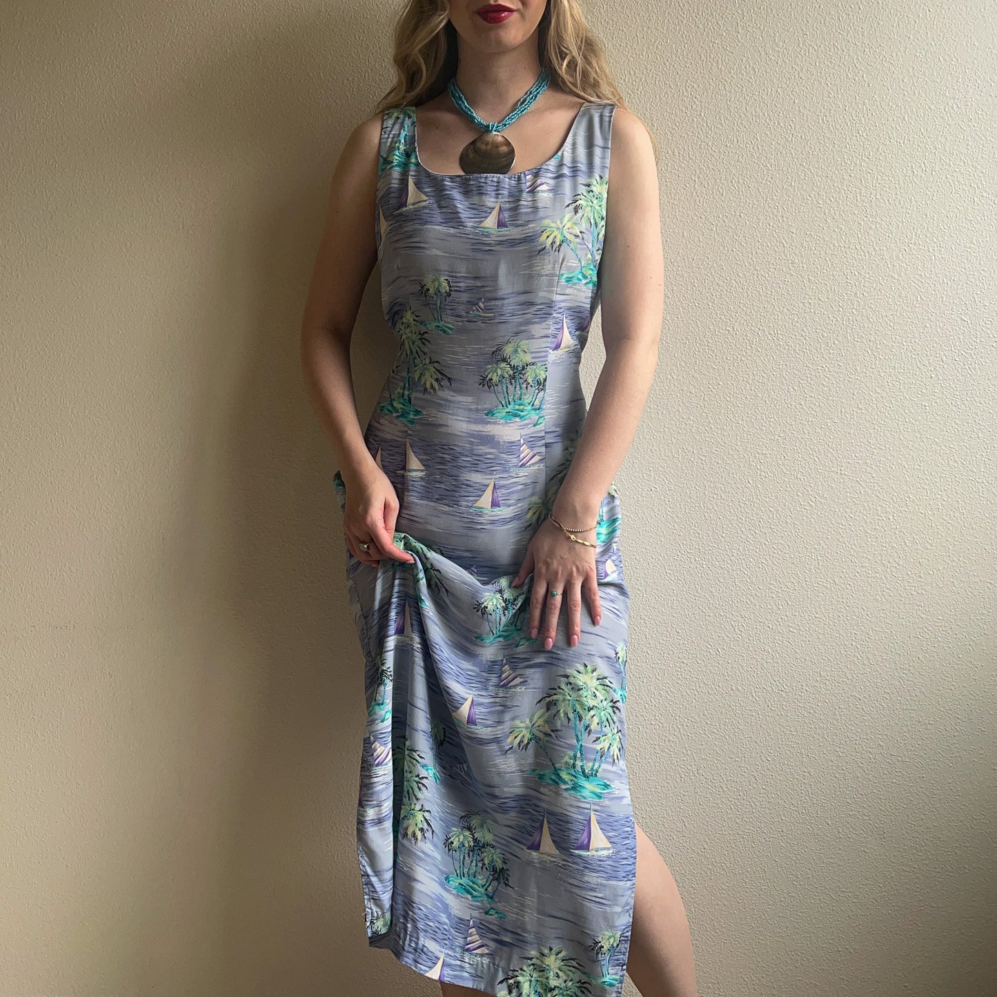 1990s Tropical Sailboat Print Midi Dress (M/L)
