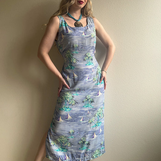 1990s Tropical Sailboat Print Midi Dress (M/L)