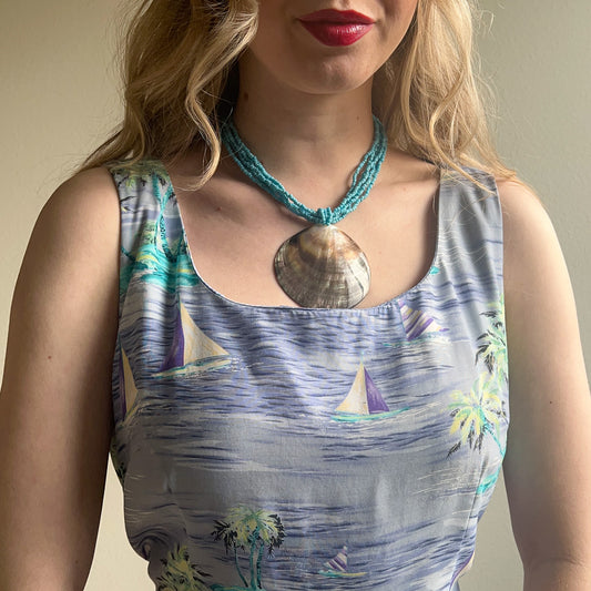 1990s Tropical Sailboat Print Midi Dress (M/L)