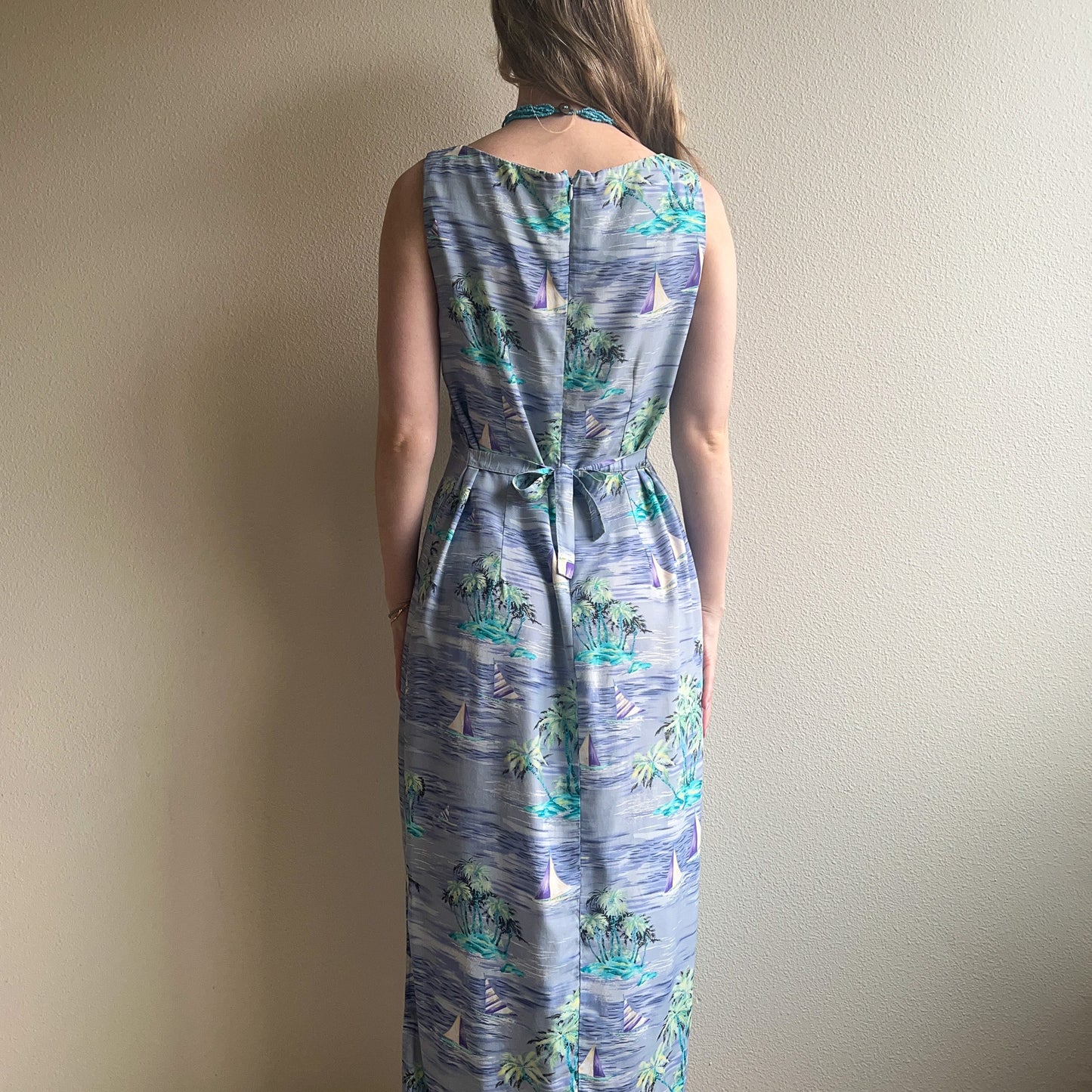 1990s Tropical Sailboat Print Midi Dress (M/L)