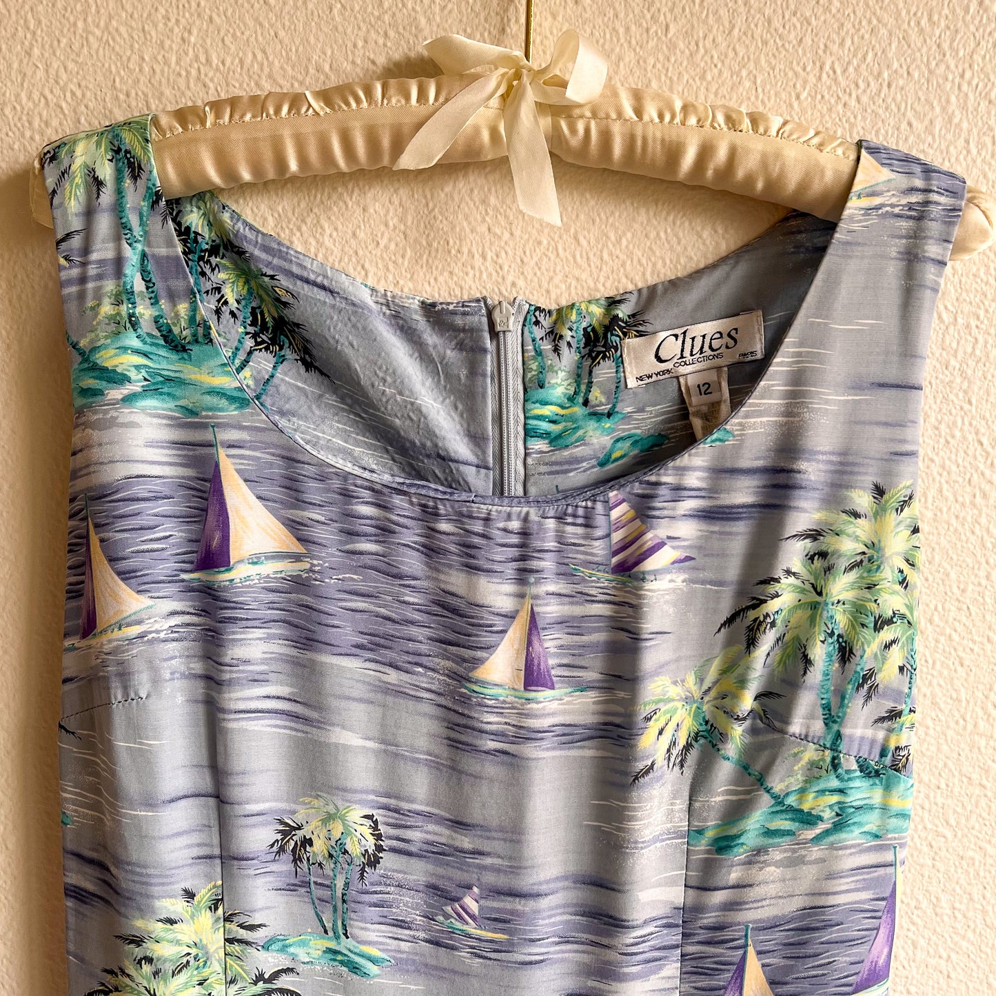 1990s Tropical Sailboat Print Midi Dress (M/L)