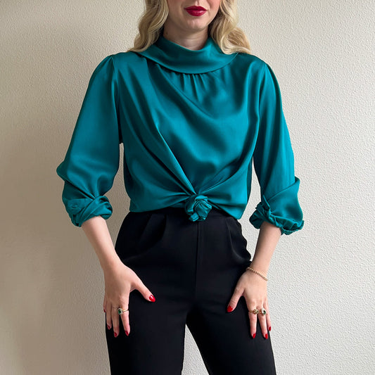 1990s Teal Blouse With Fold-Over Collar (L/XL)
