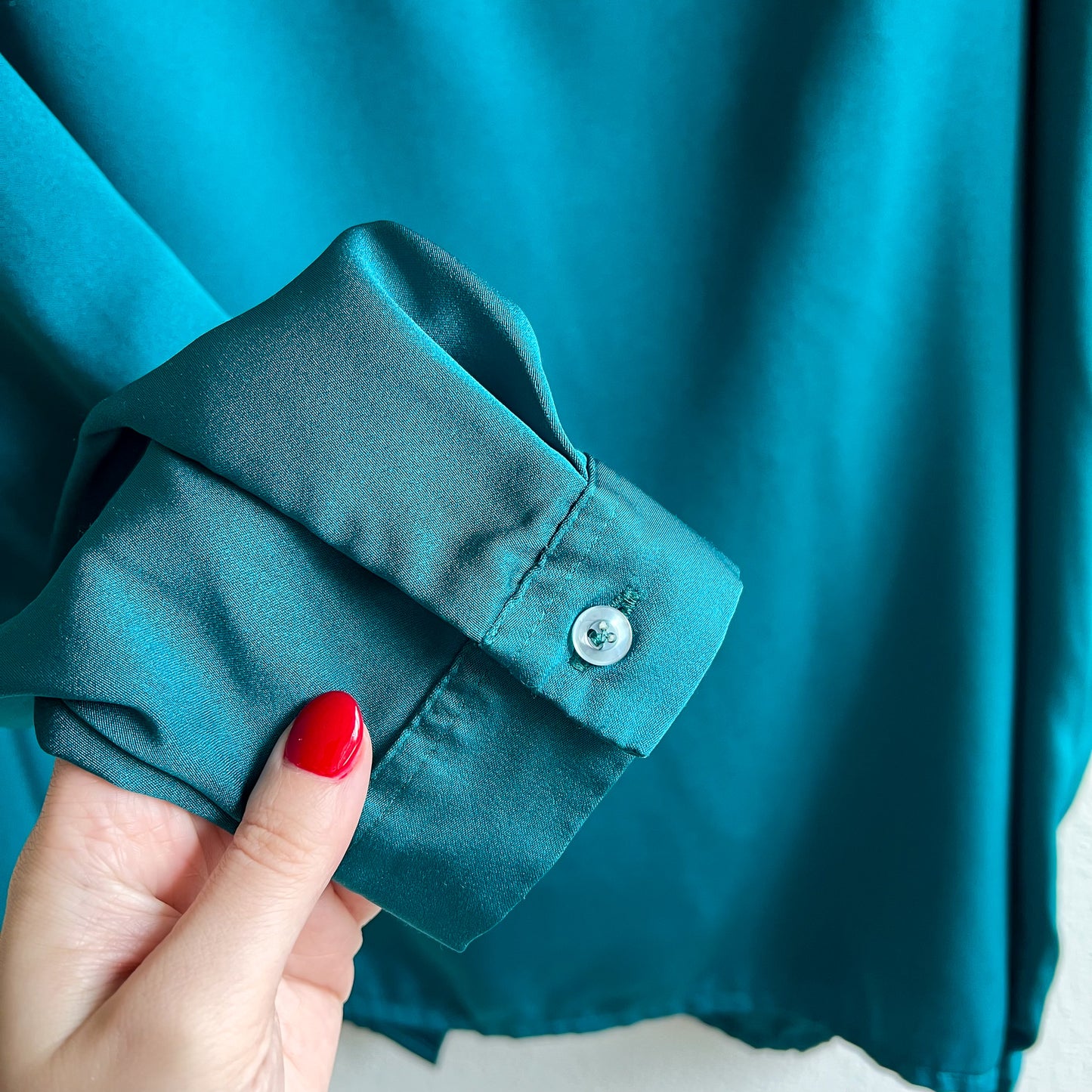 1990s Teal Blouse With Fold-Over Collar (L/XL)