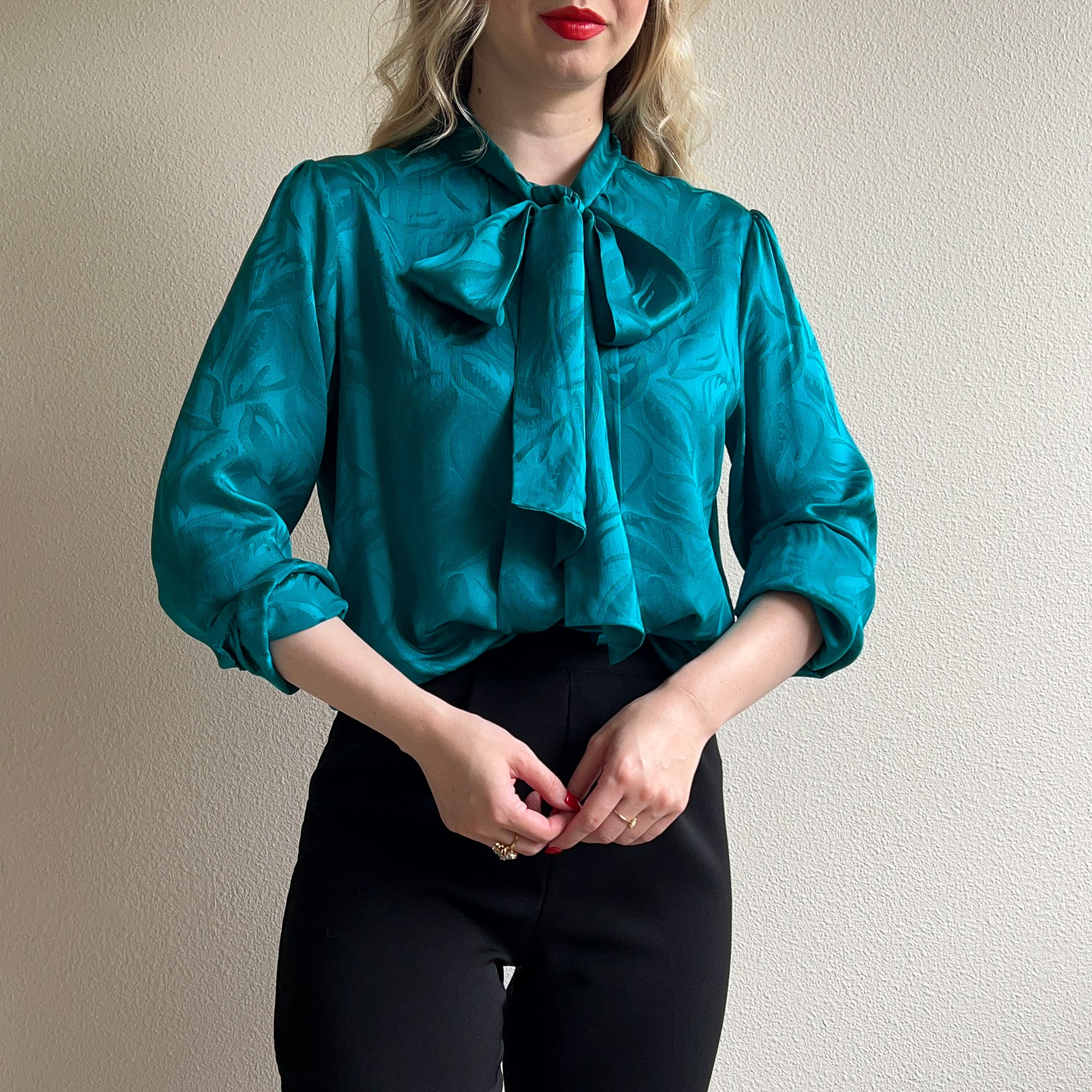 1990s Teal Semi-Sheer Blouse With Pussy Bow (M/L) – Studio Gloria