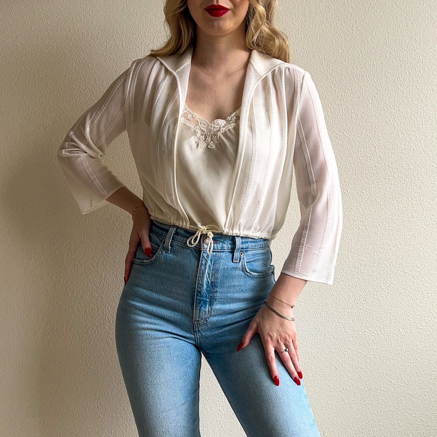 1990s White Open Blouse With Collar (XS/S)