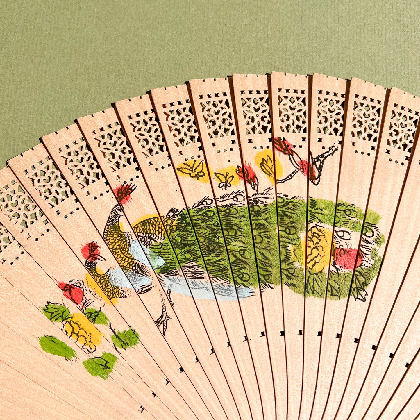 1990s Laser Cut Wood Fan With Printed Peacock