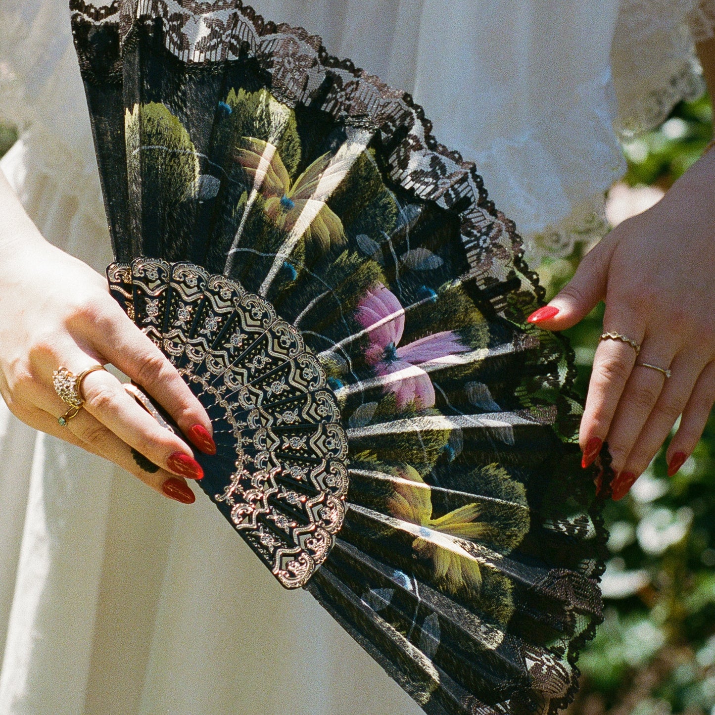 1960s Hand Painted Black Lace Fan