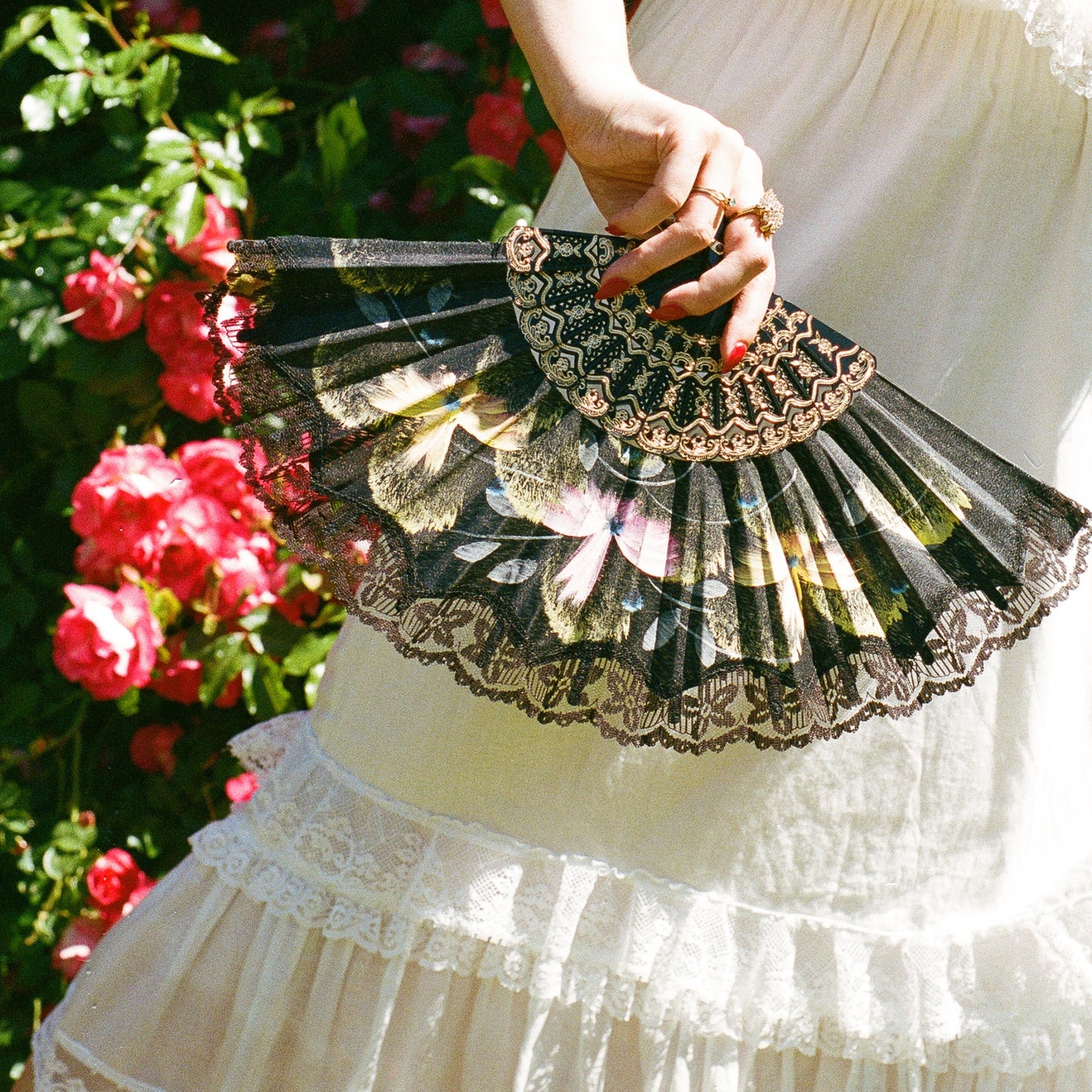 1960s Hand Painted Black Lace Fan