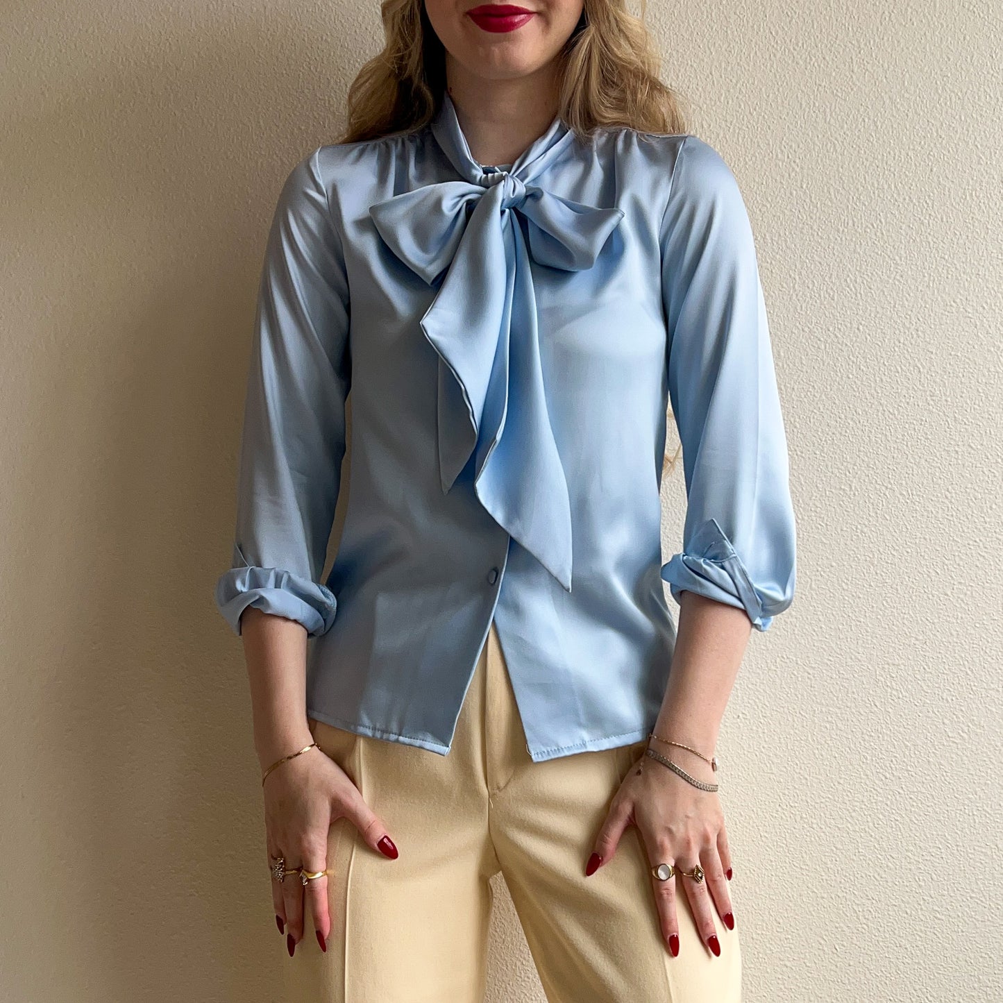 Deadstock 1980s Soft Blue Satin Blouse (XS/S)