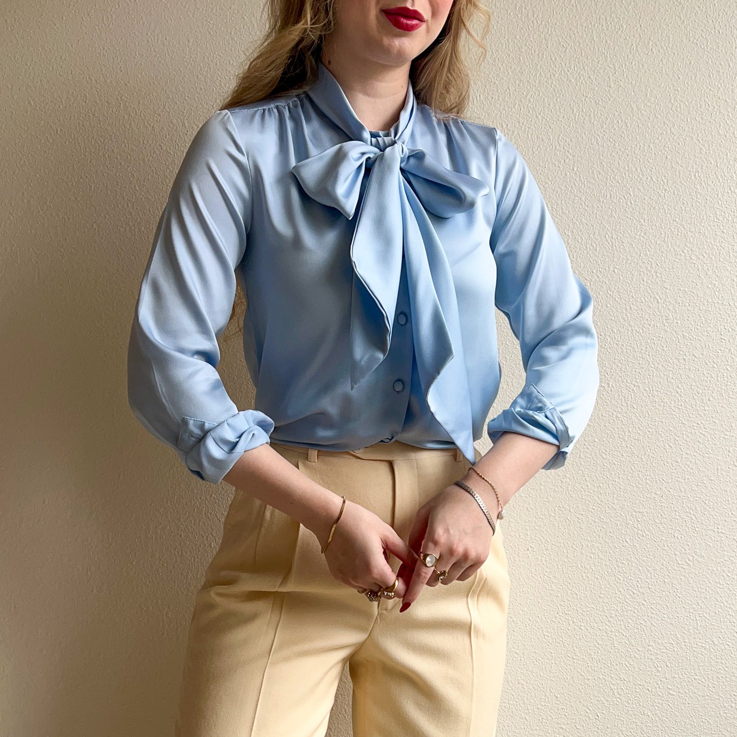 Deadstock 1980s Soft Blue Satin Blouse (XS/S)