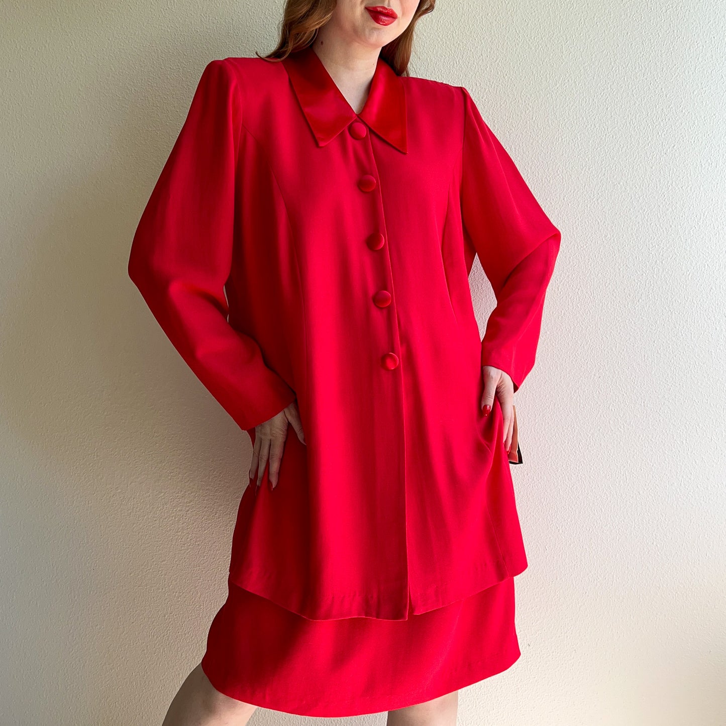 Deadstock 1980s Red Buttoned Collar Dress (L/XL)