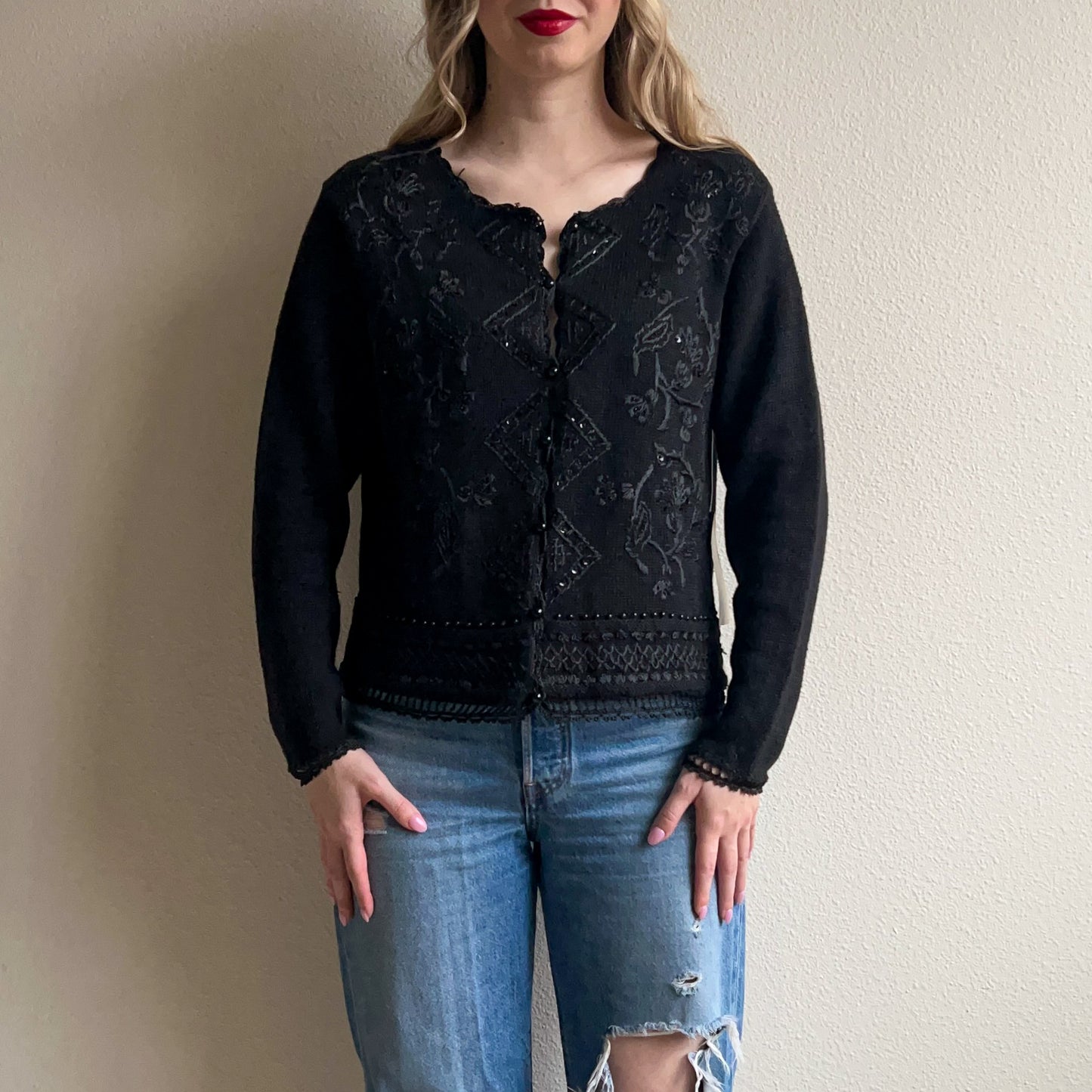Deadstock 1990s Black Cardigan With Embroidery (M/L)