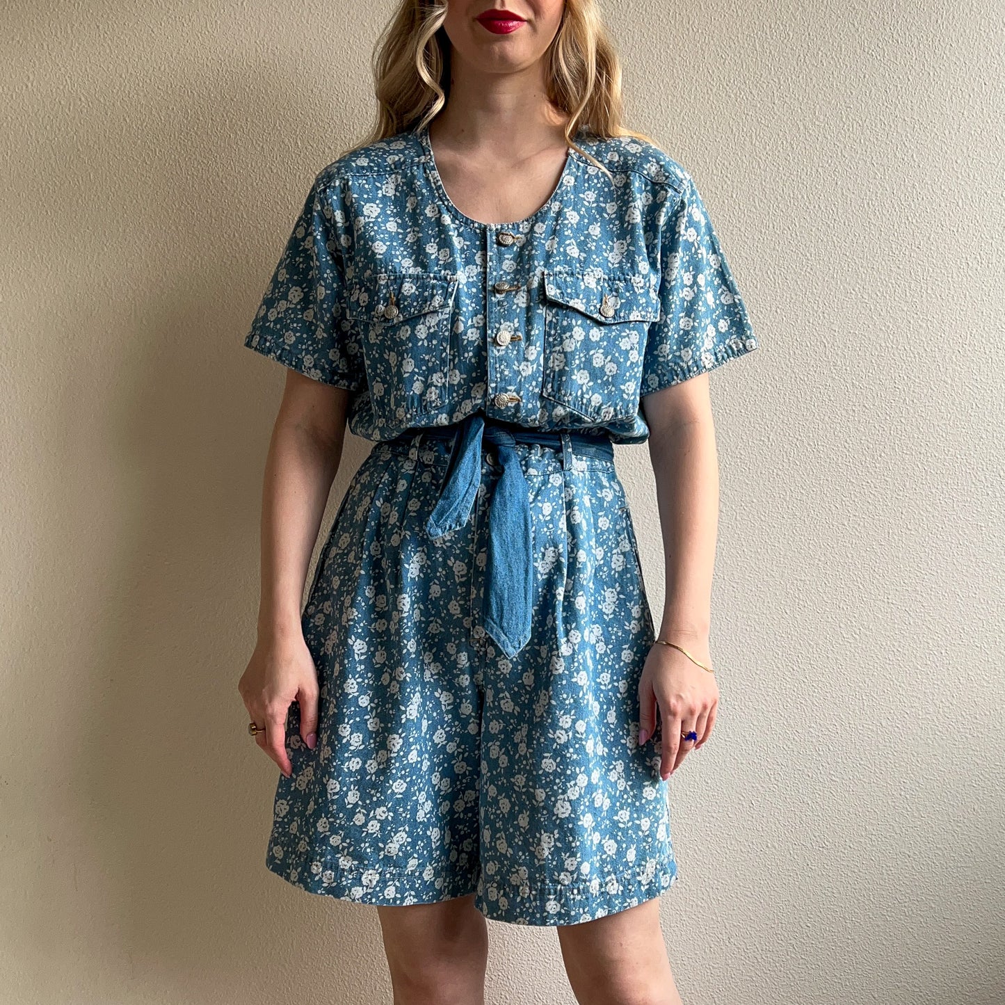 Deadstock 1980s Denim Romper With Floral Print (M)
